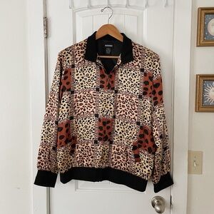 100% Silk Vintage Notations Women's Animal Print Leopard Bomber Jacket Size XL